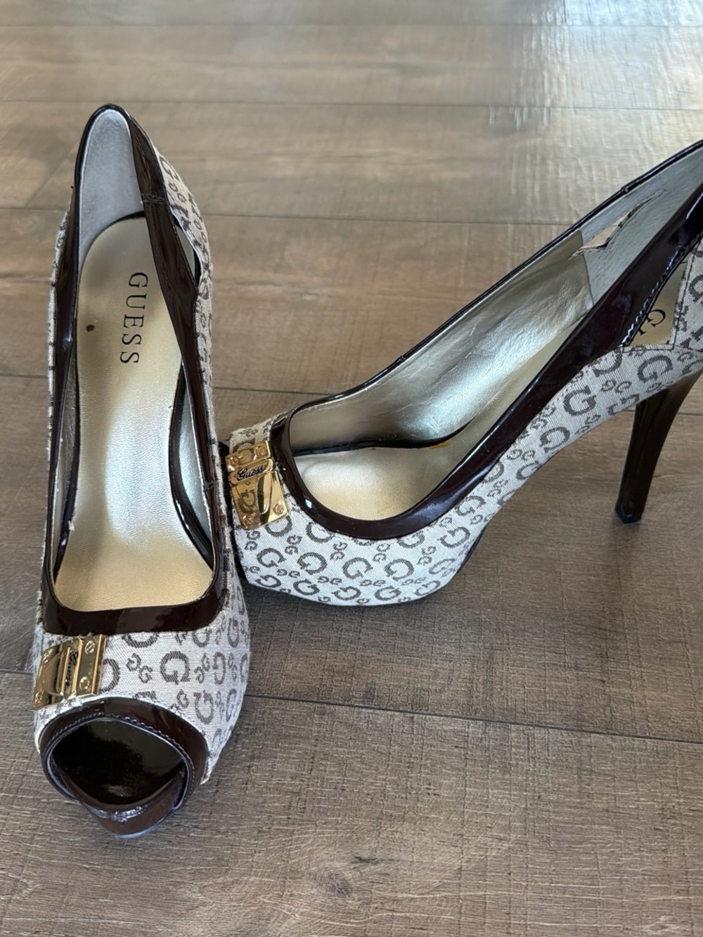 GUESS Cream and Brown Monogram Peep-Toe Heels with Gold Accent